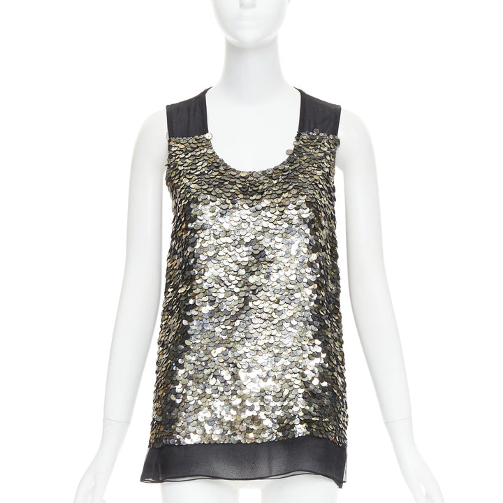 GIVENCHY black sheer silk lined iridescent sequinned illusion top L