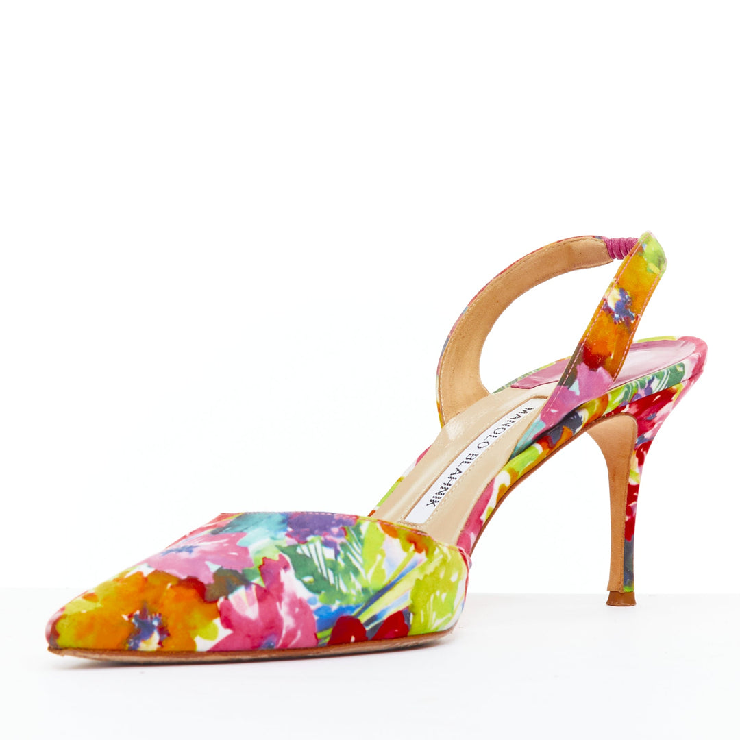 Female mannequin wearing Manolo Blahnik Multicolour Satin Women Heels in Size EU39 | Available at JHROP