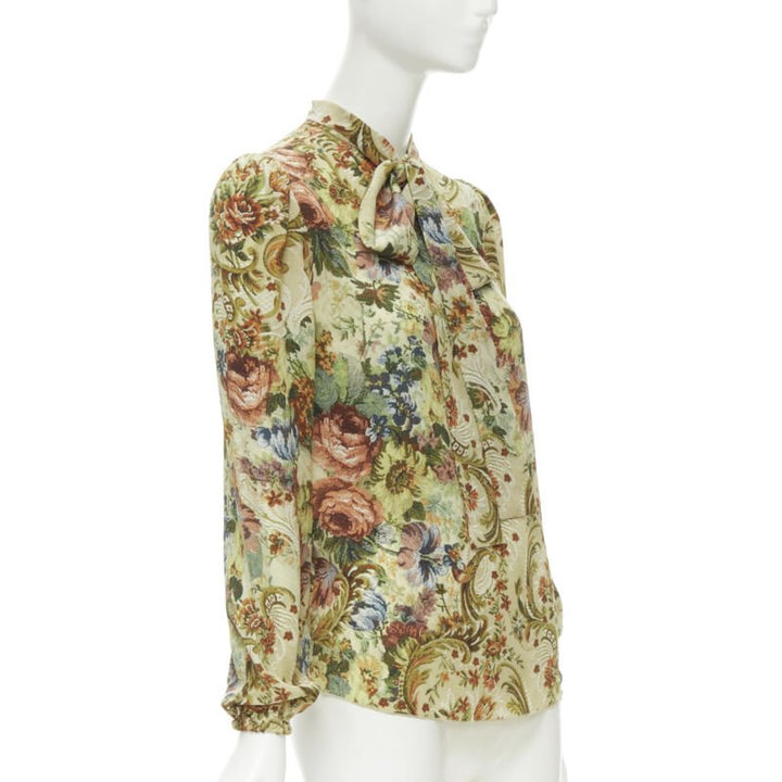 DOLCE GABBANA 100% silk tapestry floral print tie neck blouse top shirt IT36 XS