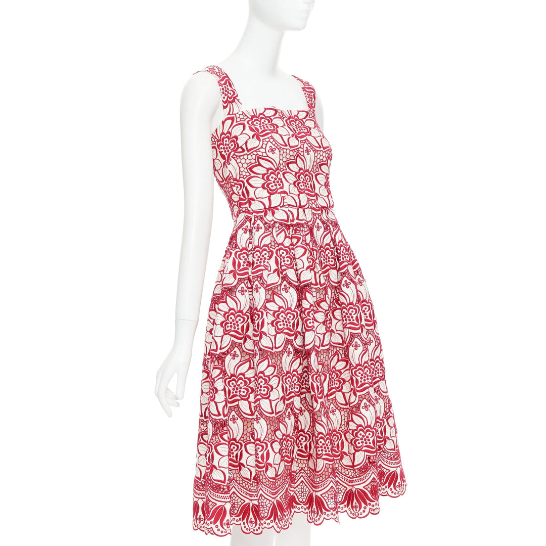 DOLCE GABBANA 2021 red cream floral embroidery anglais flared sun dress IT38 XS