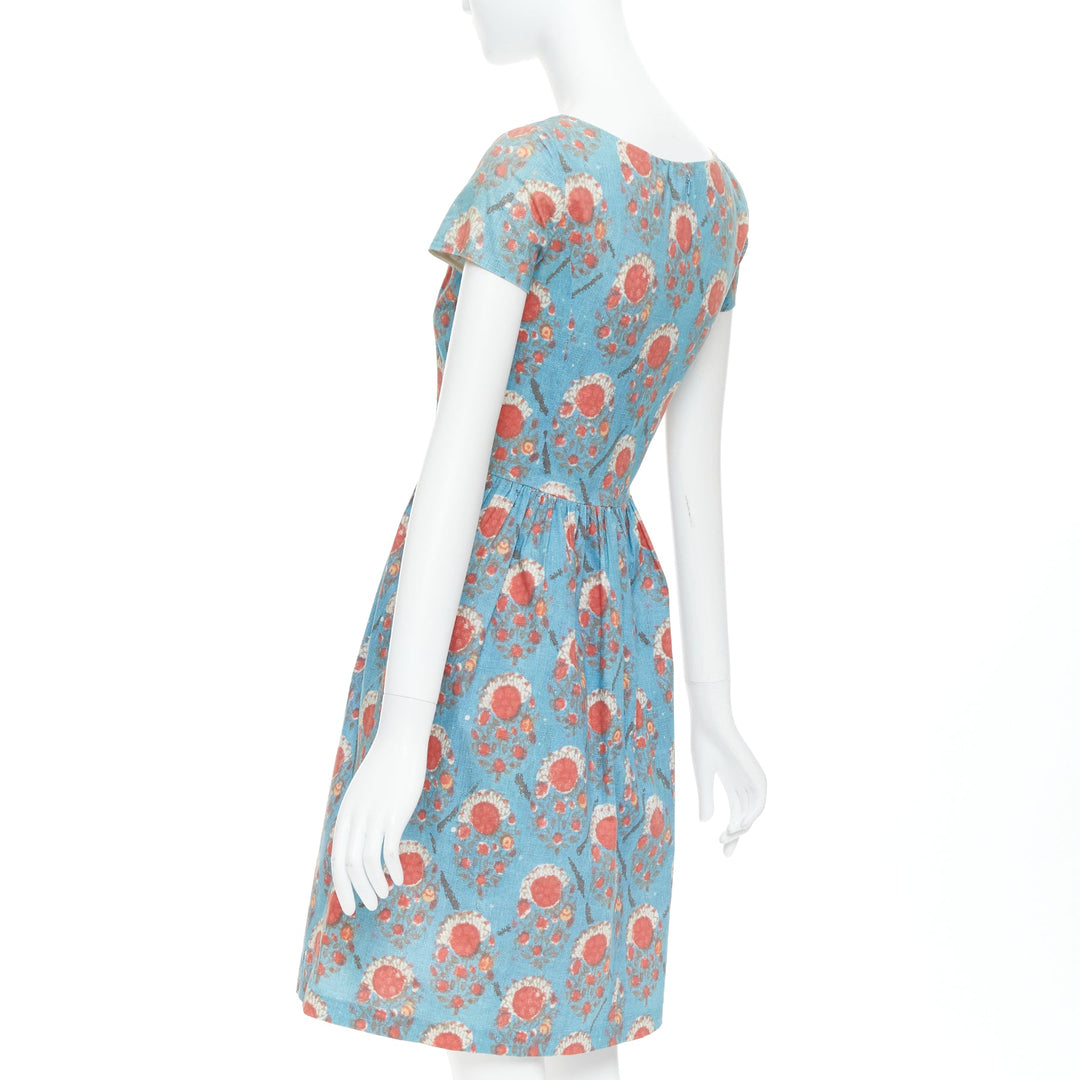 OSCAR DE LA RENTA blue red vintage print cocktail dress US0 XS Taylor Swift