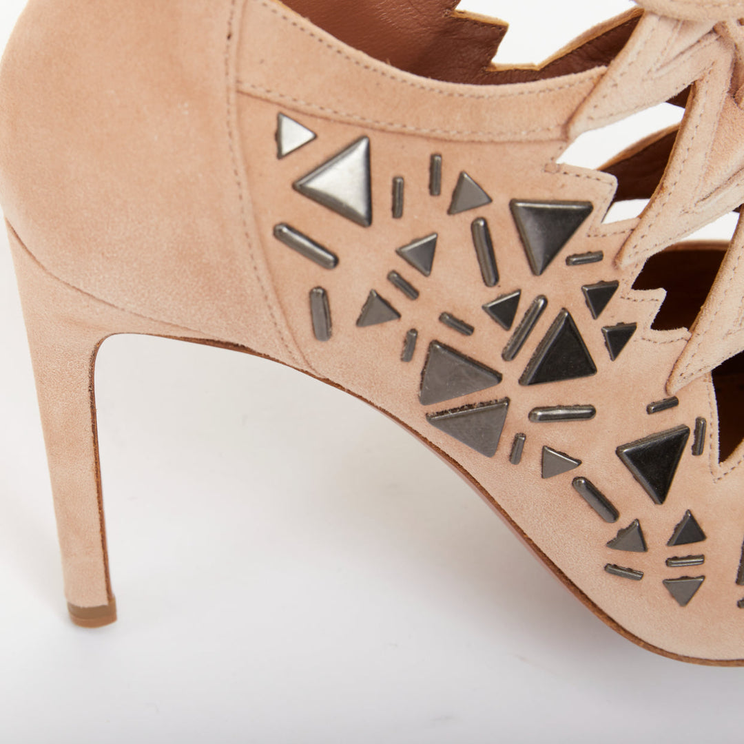 ALAIA 2014 Adelia blush pink suede geometric micro stud lace up booties EU36