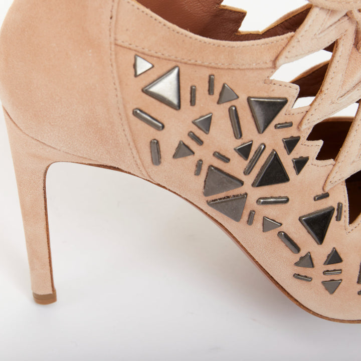 ALAIA 2014 Adelia blush pink suede geometric micro stud lace up booties EU36