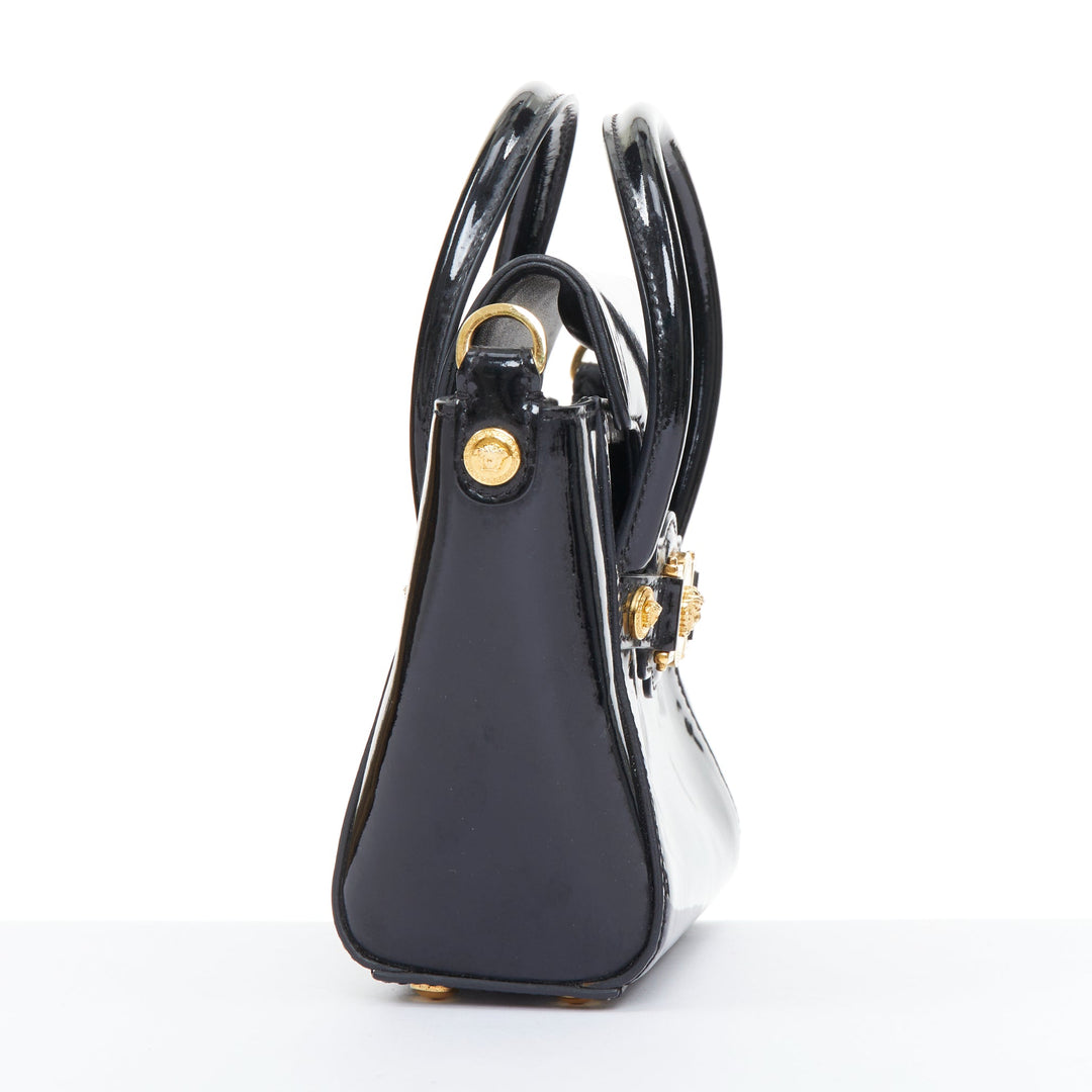 VERSACE black patent leather Signature Medusa lock mini satchel bag