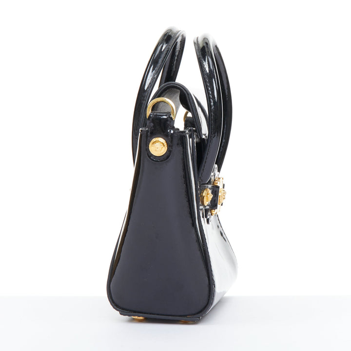 VERSACE black patent leather Signature Medusa lock mini satchel bag