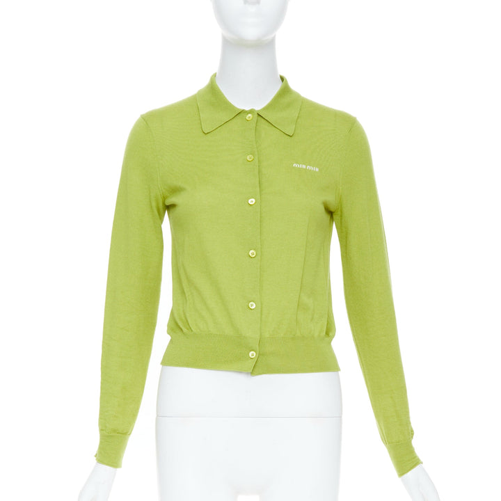 MIU MIU 2024 pistacchio green logo cashmere silk polo collar cardigan IT40 S