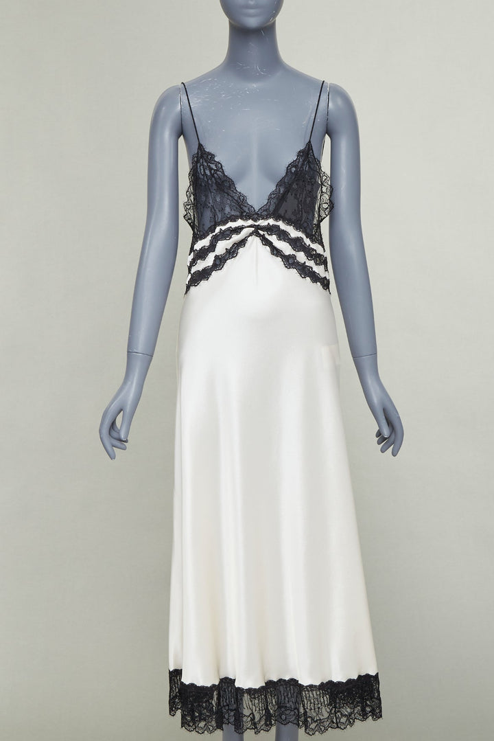 SAINT LAURENT 2022 Runway Bridal black lace ivory silk satin slip dress FR36 S
