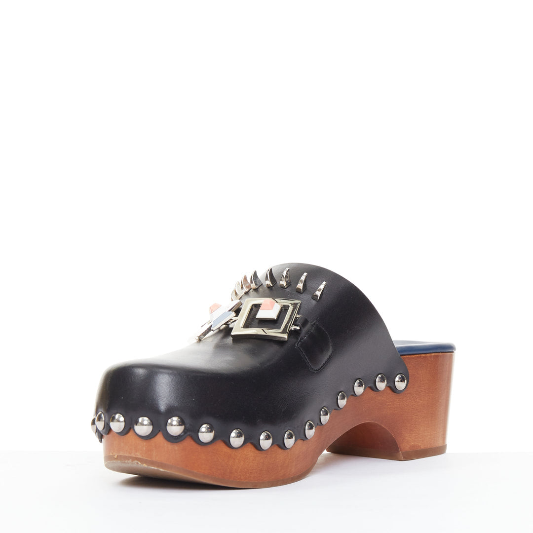 FENDI Hypnoteyes Monster Bag Bug black stud embellished wooden clog mules EU40
