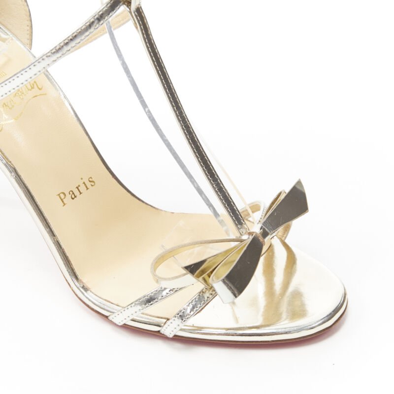 CHRISTIAN LOUBOUTIN Blakissima metallic silver bow t-strap sandals EU37.5
