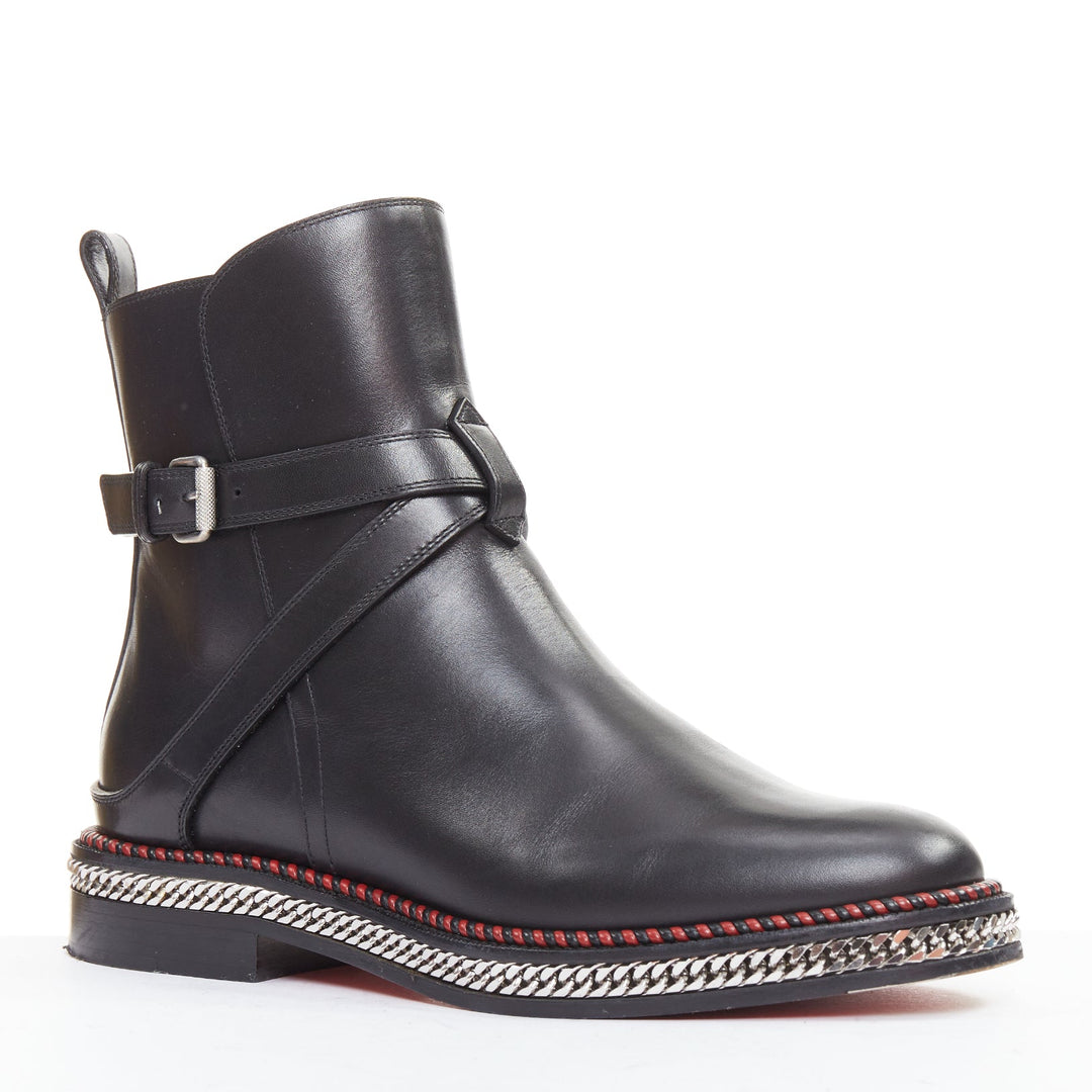 CHRISTIAN LOUBOUTIN Chelsea Chain Flat Calf Brosse black chain buckle boots EU38