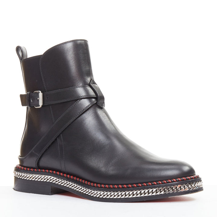 CHRISTIAN LOUBOUTIN Chelsea Chain Flat Calf Brosse black chain buckle boots EU38