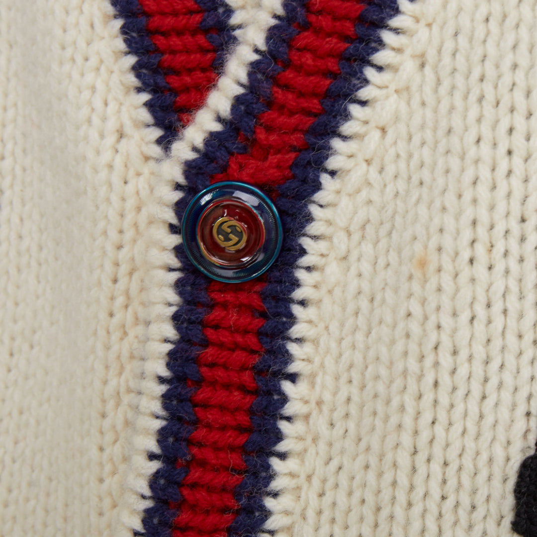 GUCCI 2018 Bosco Orso Year of Dog red cream wool needlepoint knit cardigan XXS