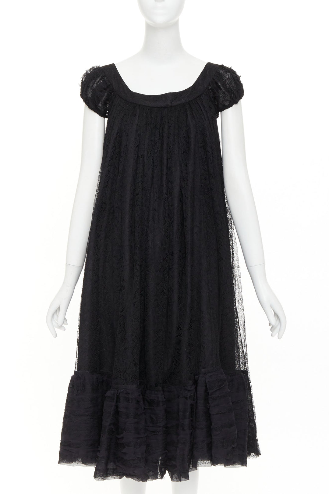 YVES SAINT LAURENT 2007 Vintage black sheer lace gathered tiered dress IT40 S