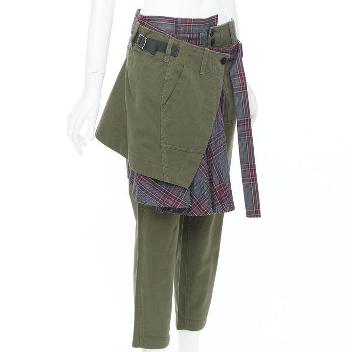 SACAI 2018 khaki cotton deconstructed check wool kilt pants JP2 M