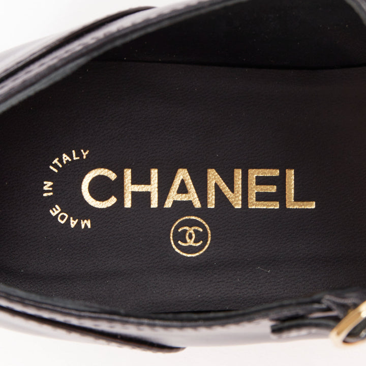 CHANEL 2023 black leather grosgrain CC cap toe T-Strap mary jane flats EU39.5
