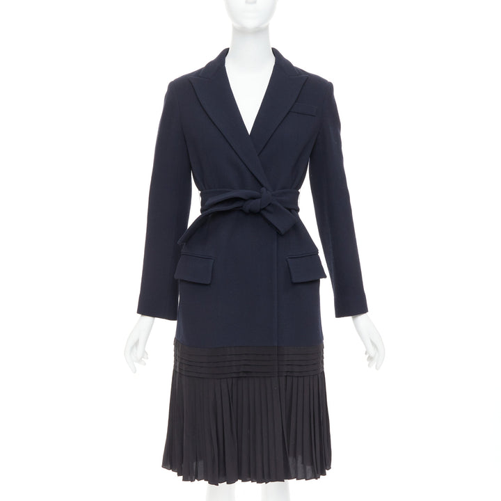 DIOR navy virgin wool silk lined pleated hem belted coat FR36 S