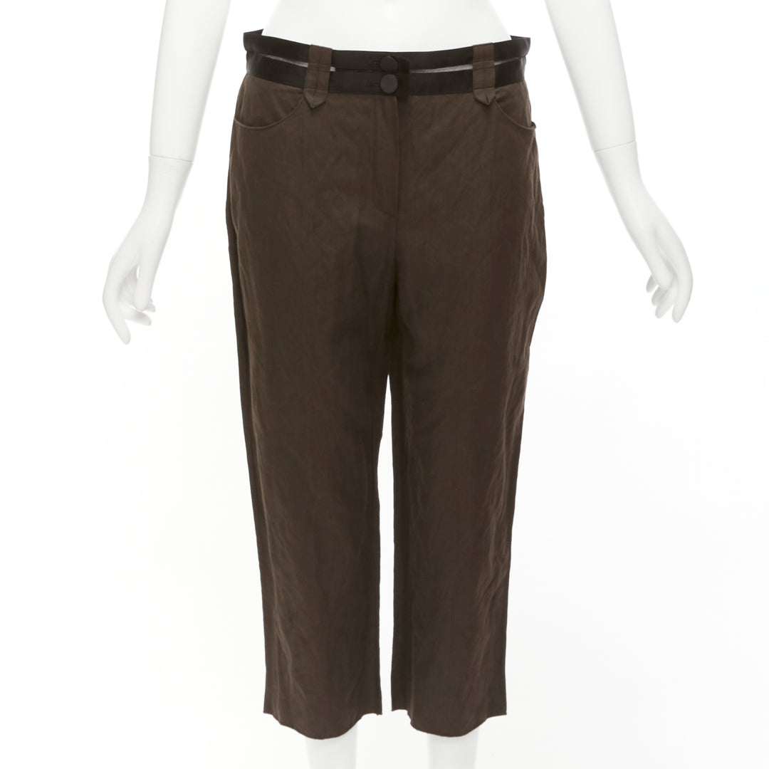 LANVIN 2005 dark brown black cotton blend sheer waistband crop pants FR40 L