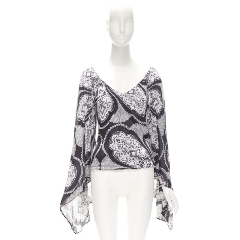 GUCCI Black white paisley print bohemian kimono sleeve blouse XS