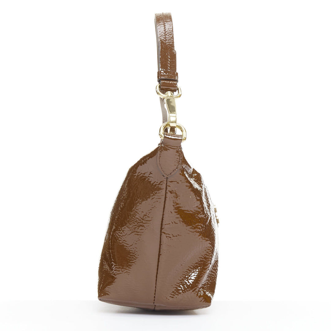 MIU MIU 2024 brown Naplak patent leather gold logo mini pouch bag