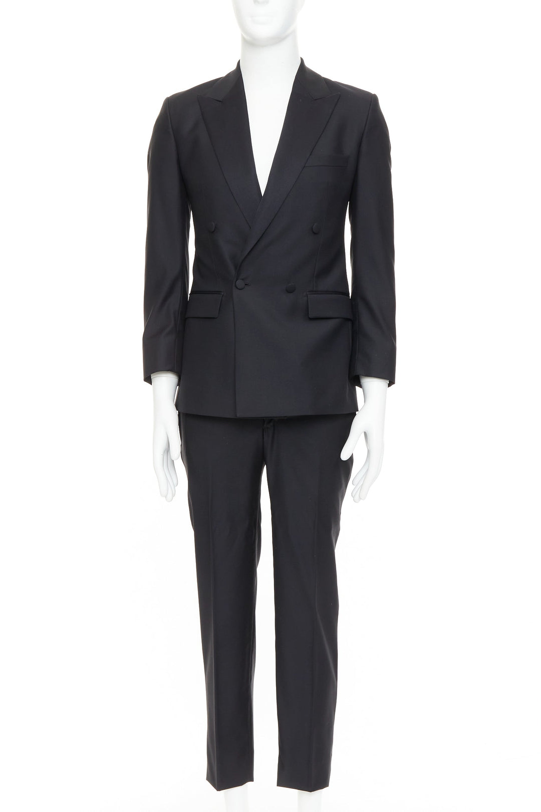 HAYWARD black wool mohair peak lapel double breasted tuxedo suit Sz36 XS