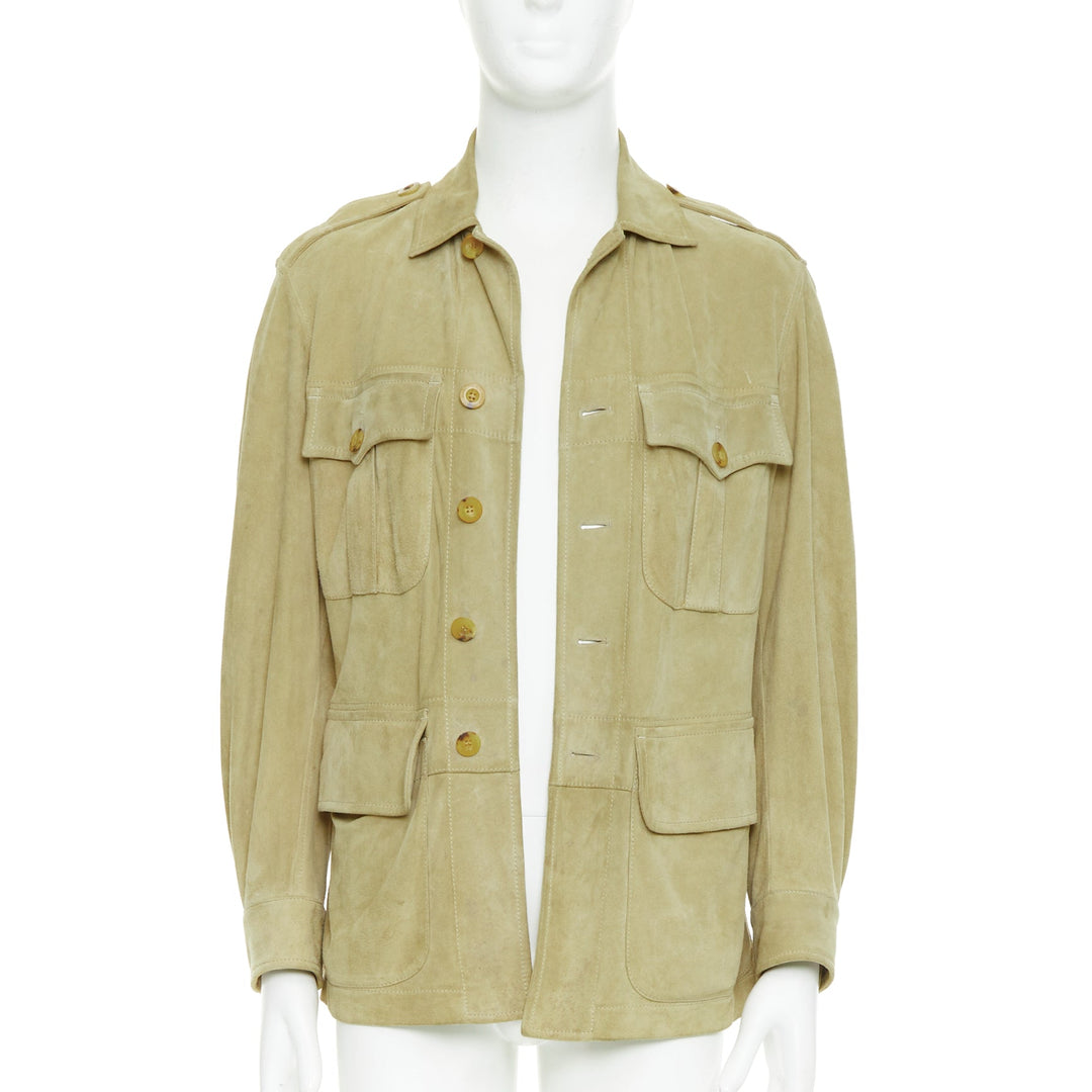 GUCCI Tom Ford Vintage khaki suede leather horn button safari jacket IT46 S