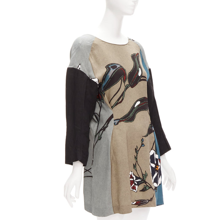 MARNI multicolour beige floral print back contrast dropped sleeve dress IT38 XS
