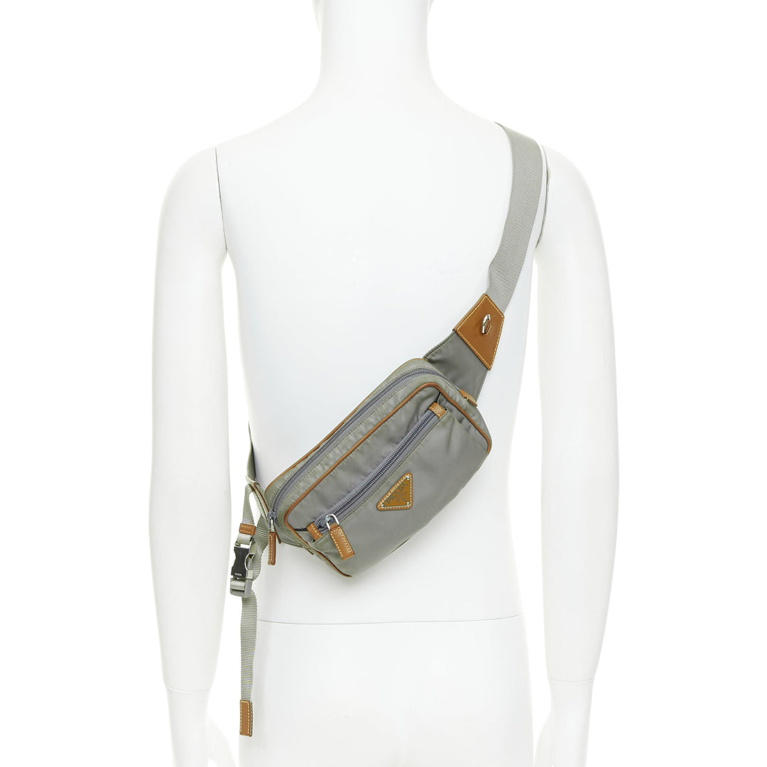 PRADA Tessuto Montagna grey nylon brown leather trim logo belt bag
