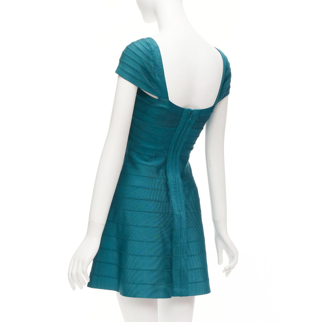 HERVE LEGER teal green cap sleeve sweetheart fit flare bandage dress S HERVE LEGER teal green cap sleeve sweetheart fit flare bandage dress S