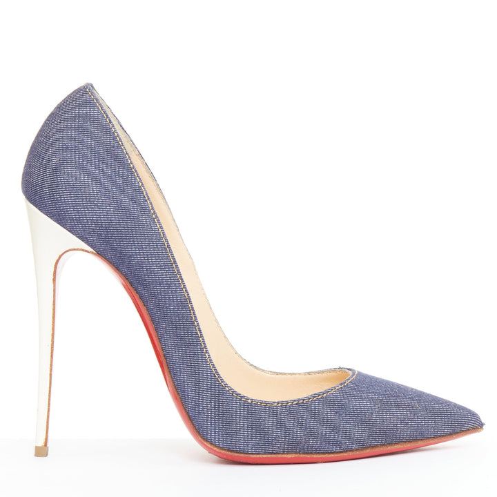 CHRISTIAN LOUBOUTIN So Kate 120 blue indigo denim white heel pumps EU39.5