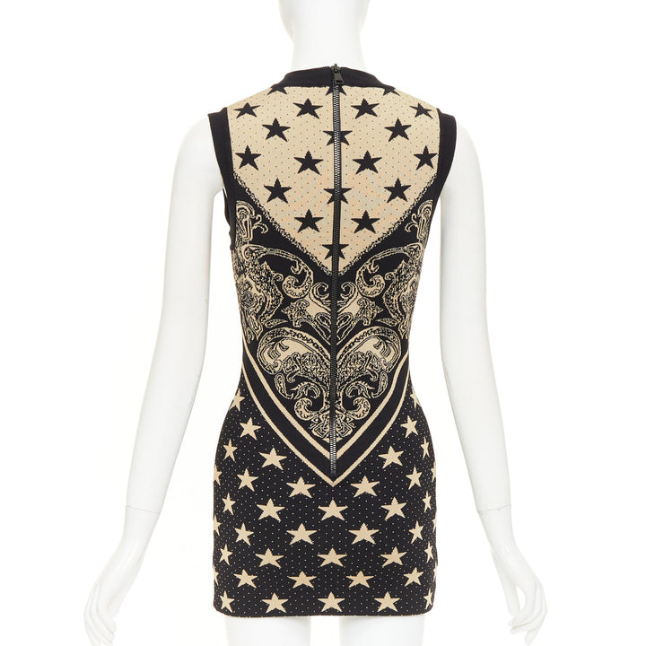 BALMAIN 2023 Ivoire Noir Star Baroque Paisley print intarsia knit dress FR36 S