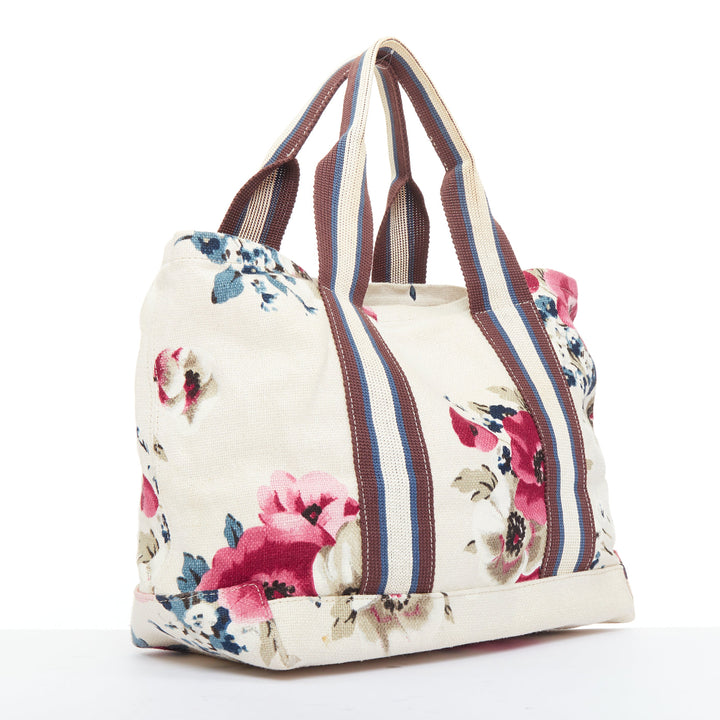 MARNI cream canvas pink floral print brown web trim casual tote bag