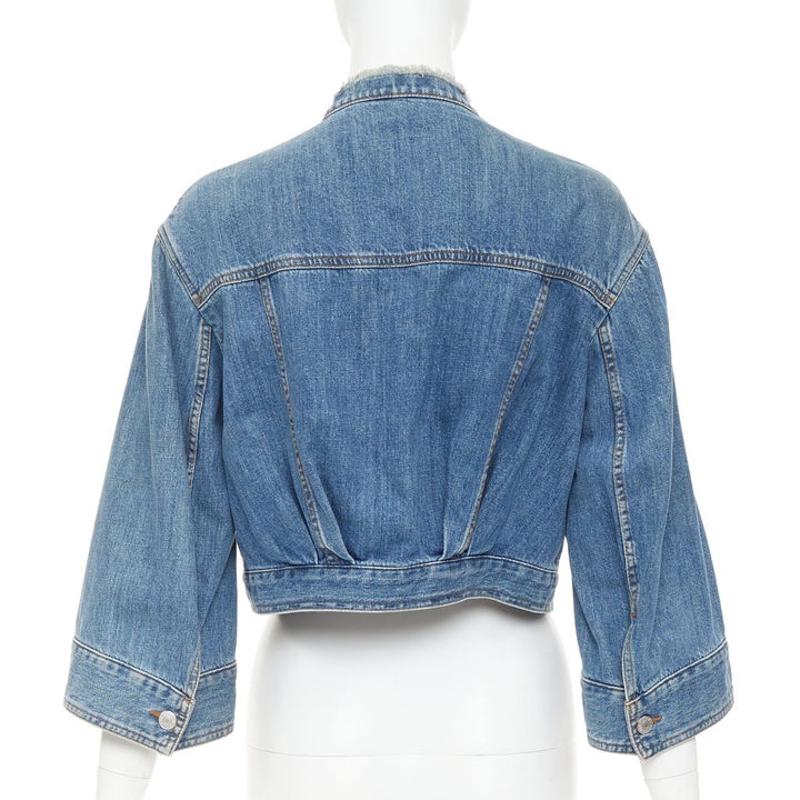 DRIES VAN NOTEN 2017 blue washed distressed 3/4 sleeve crop denim jacket FR38 M