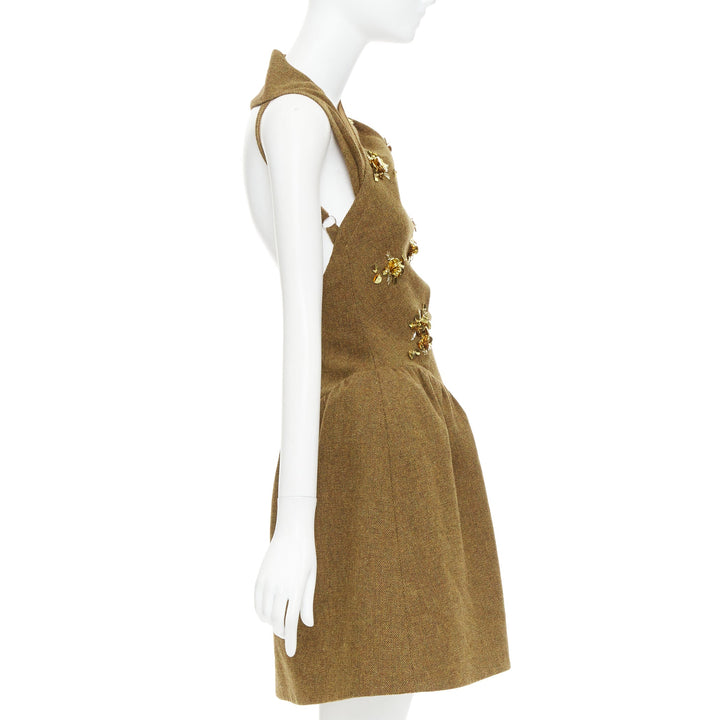 rare SHUSHU TONG Backless brown wool gold sequin fit flare dress UK6 XS