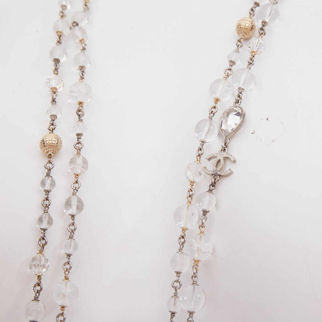 CHANEL 2015 tiered clear crystal bead gold globe strand sautoir necklace