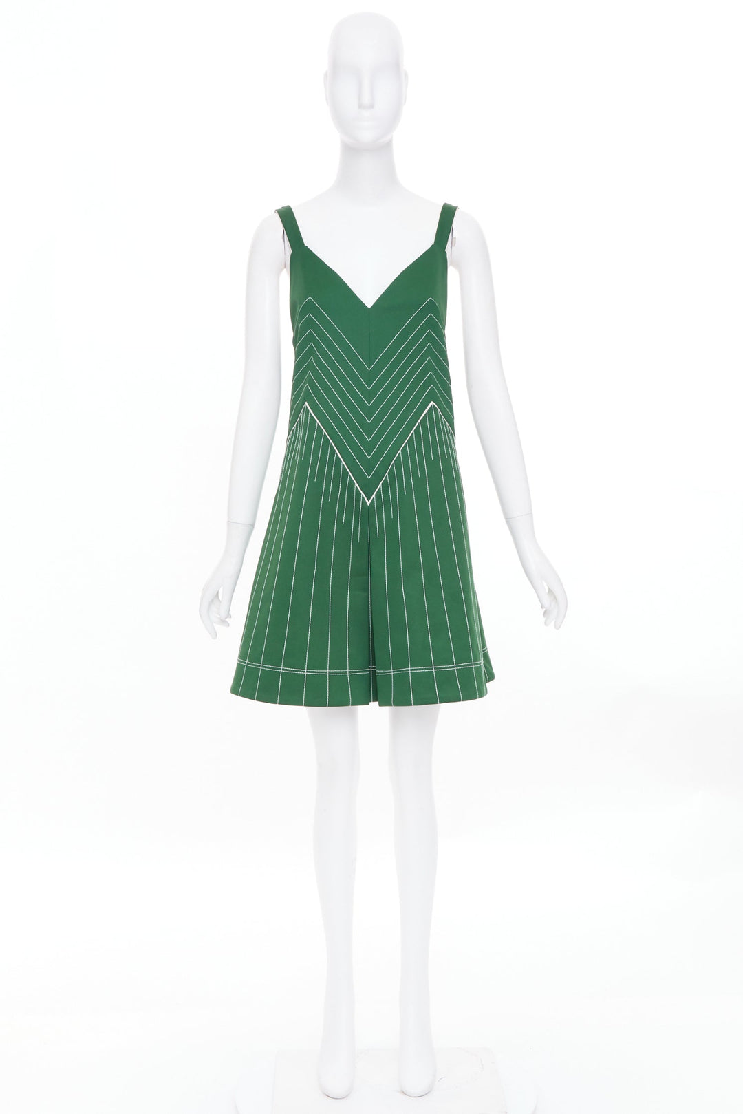 VALENTINO green contrast topstitch V neck silk lining sleeveless dress IT40 S