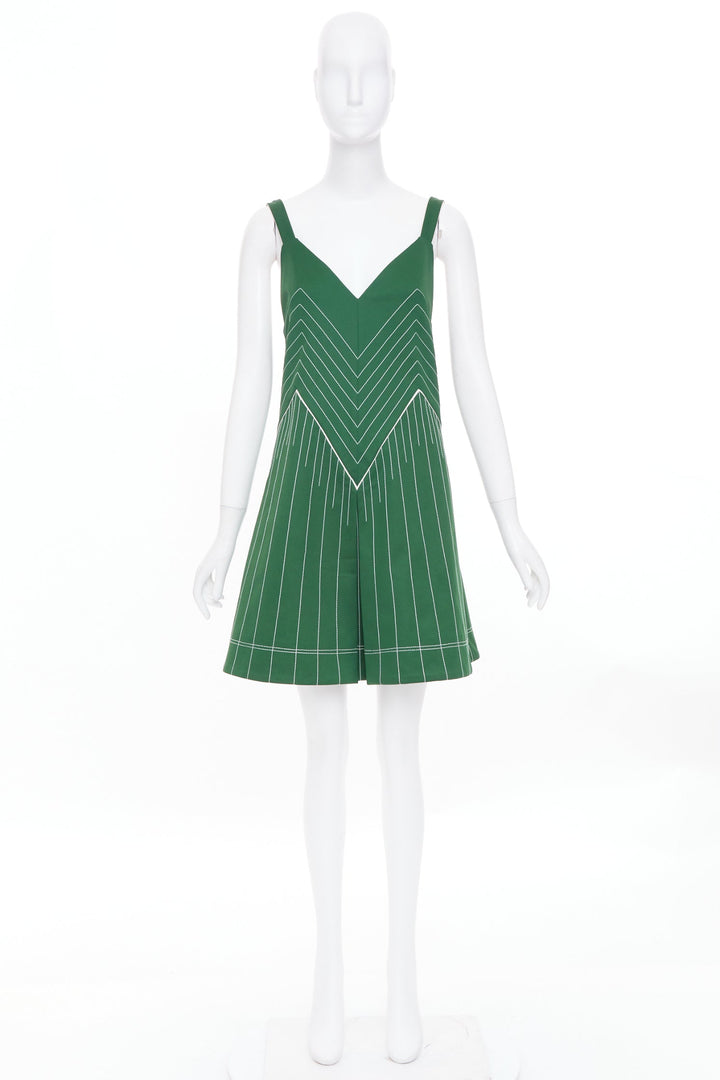 VALENTINO green contrast topstitch V neck silk lining sleeveless dress IT40 S