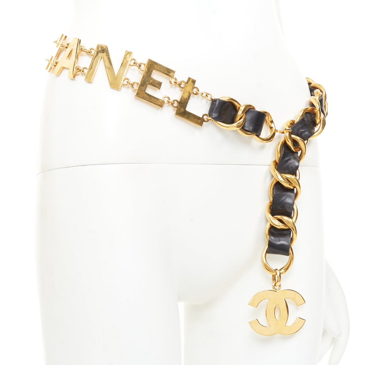rare CHANEL 1993 Vintage Spell Out logo black leather interwoven gold chain belt