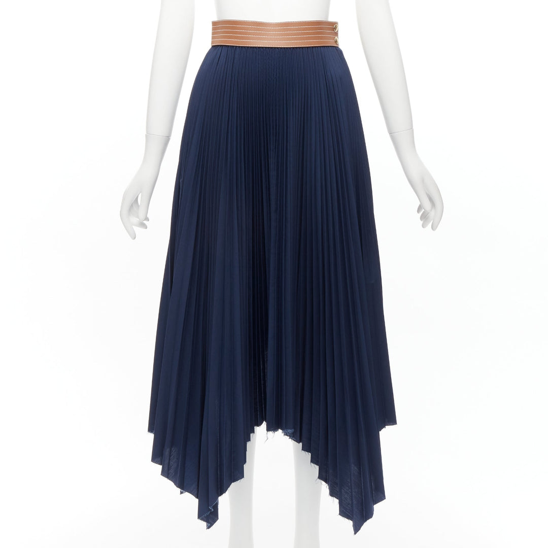 LOEWE brown cowhide leather white topstitched belt navy pleated skirt FR34 XS