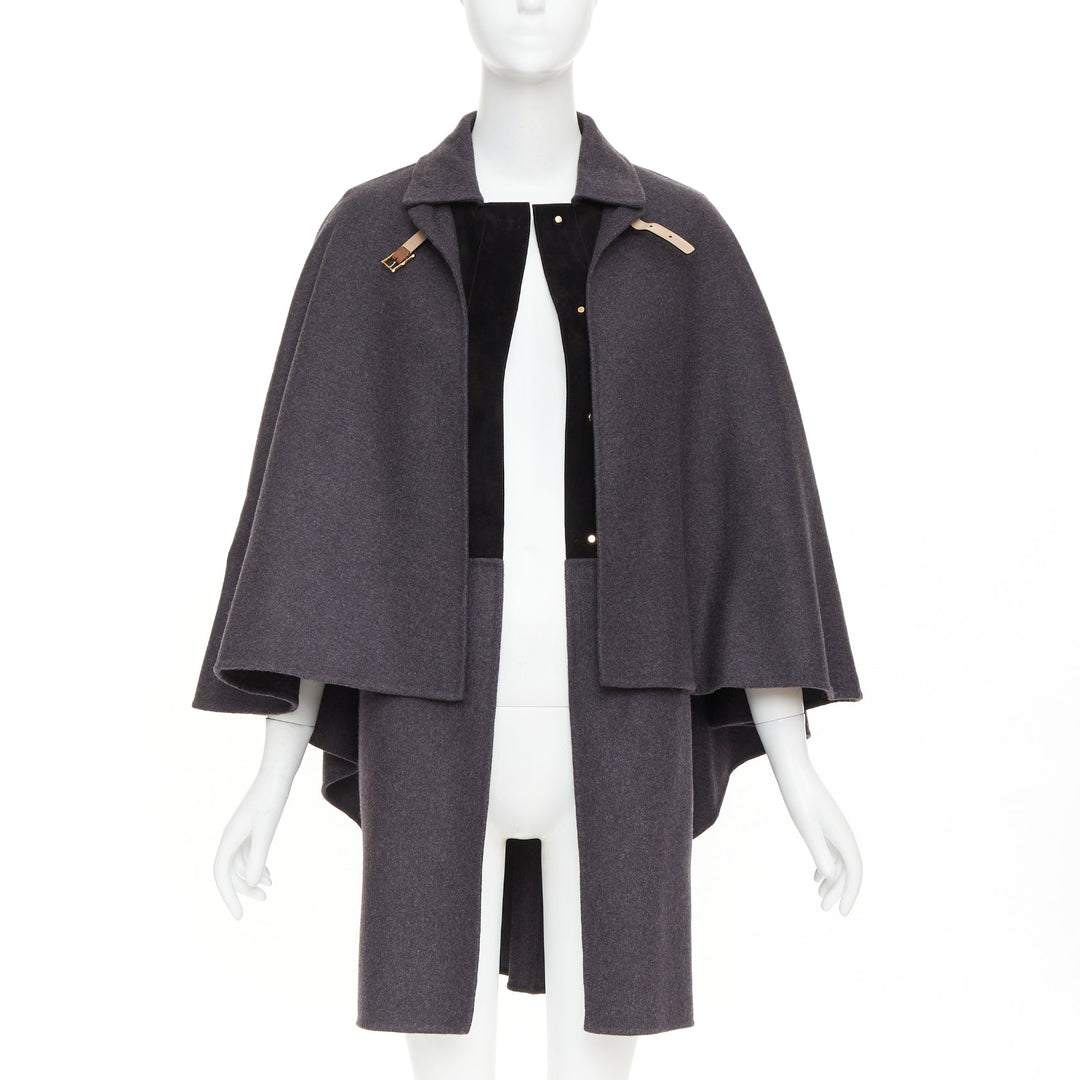 VALENTINO dark grey wool angora brown leather cape sleeve layered coat IT38 XS