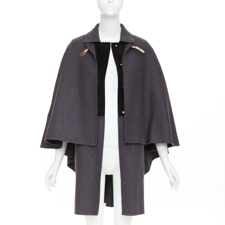 VALENTINO dark grey wool angora brown leather cape sleeve layered coat IT38 XS