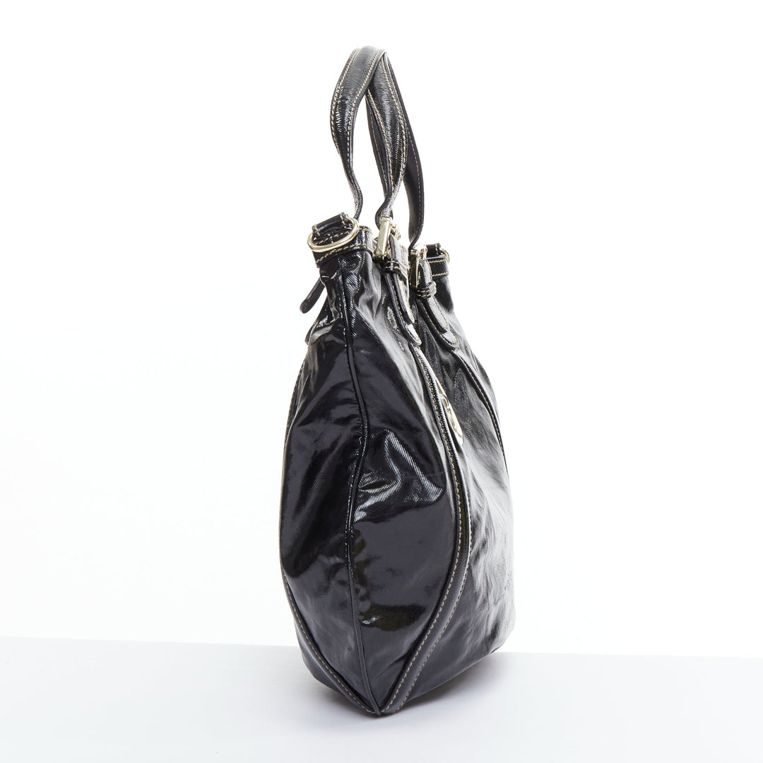 GUCCI Vintage Britt black patent gold GG logo webbing satchel tote bag