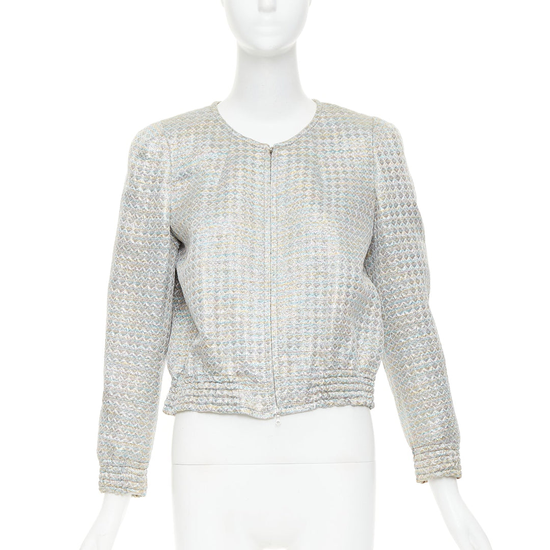 DRIES VAN NOTEN 2017 silver multicolor geometric jacquard crop jacket FR40 L