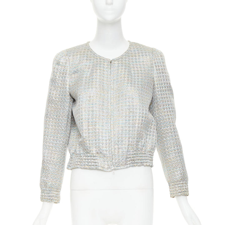 DRIES VAN NOTEN 2017 silver multicolor geometric jacquard crop jacket FR40 L