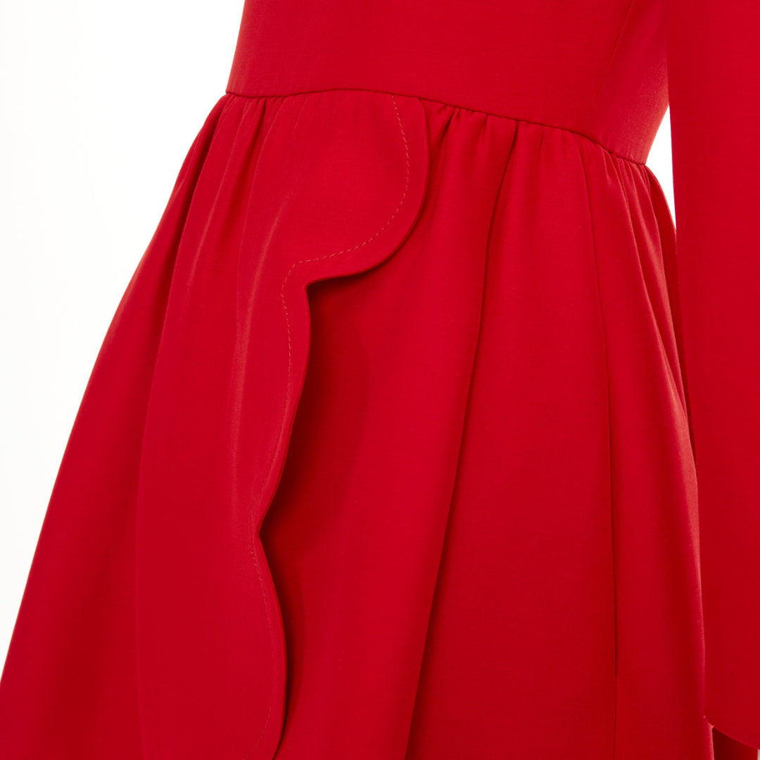 VALENTINO red silk wool crepe scalloped skirt detail flared dress IT40 S