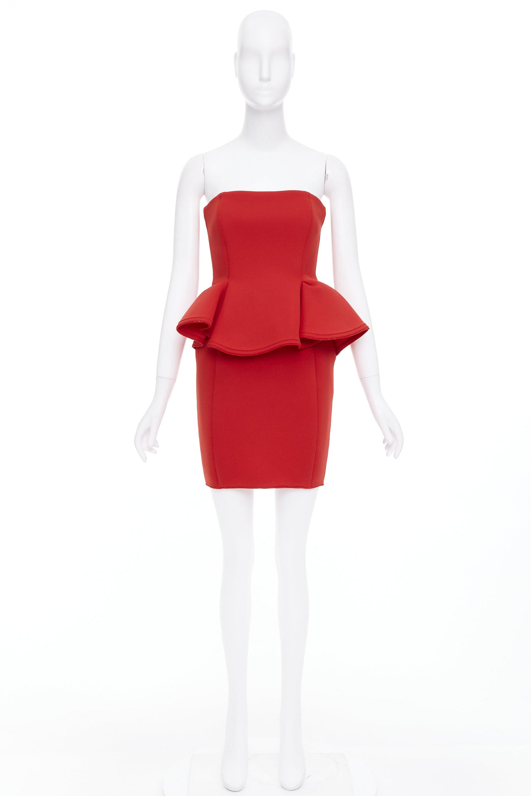 LANVIN Alber Elbaz signature red neoprene peplum strapless zip dress FR34 XS