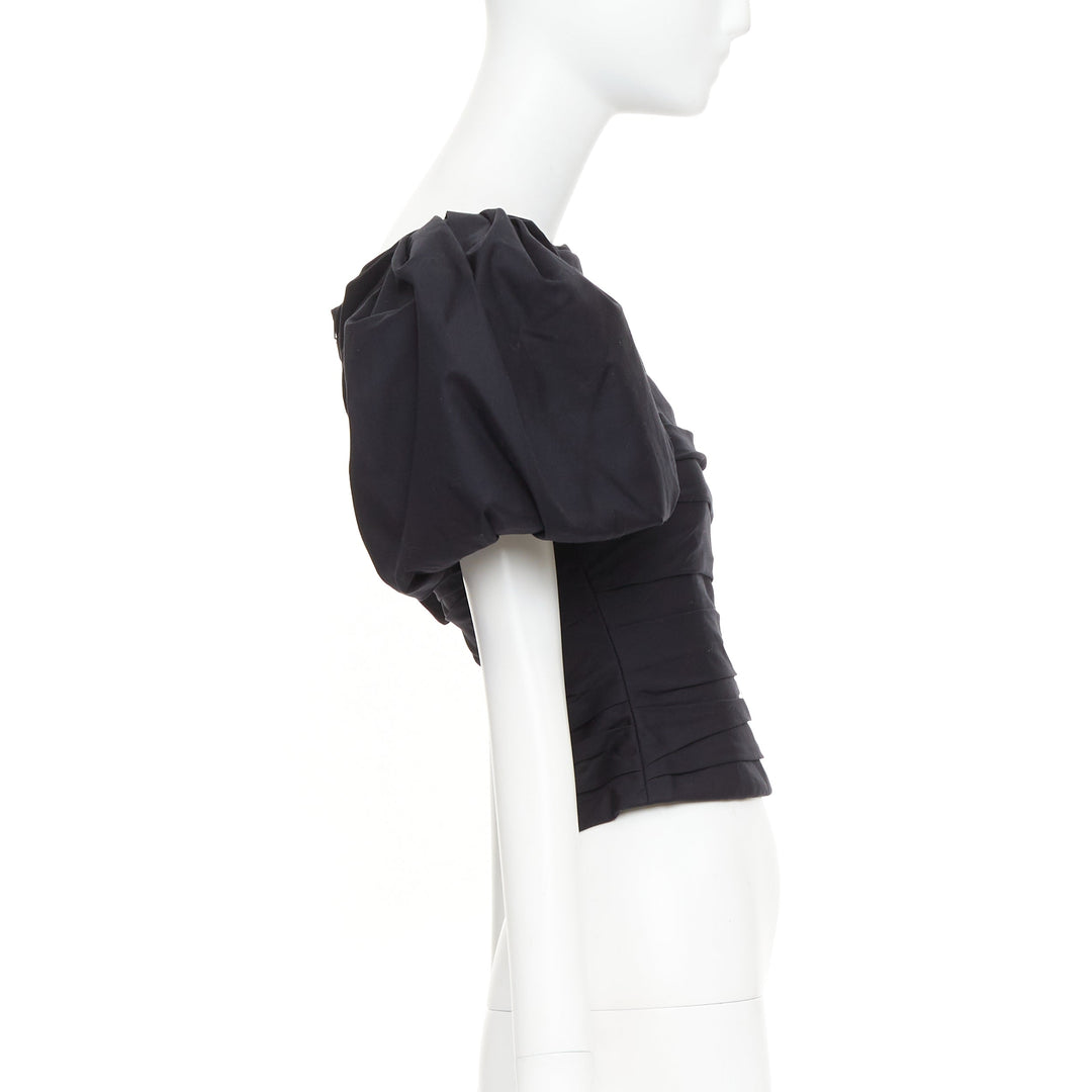 KHAITE Kai black cotton poplin puff sleeve pleated front bateau crop top US0 XS