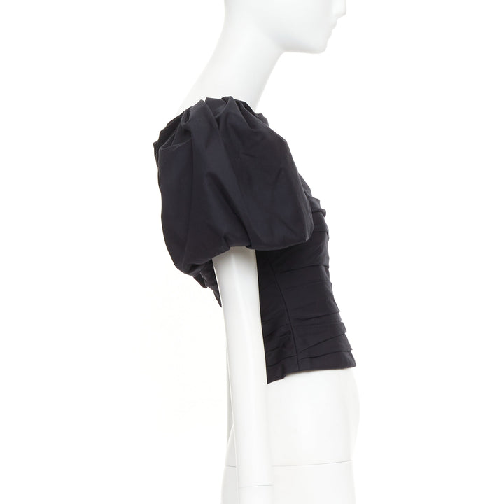 KHAITE Kai black cotton poplin puff sleeve pleated front bateau crop top US0 XS