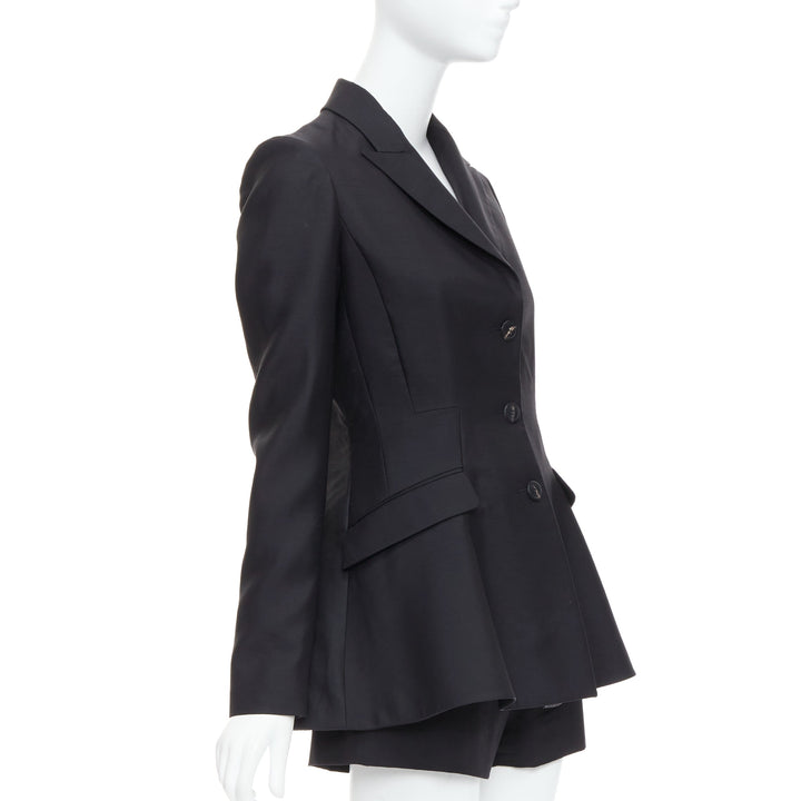 CHRISTIAN DIOR black virgin wool silk applique bar jacket shorts set FR38 M