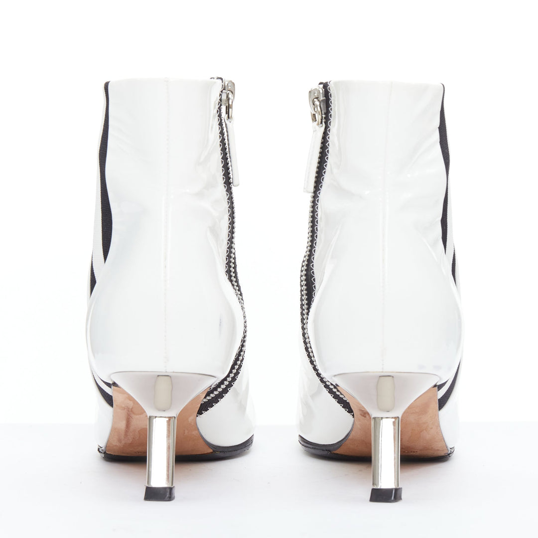 ALCHIMIA DI BALLIN side striped white patent leather silver kitten booties EU38.5