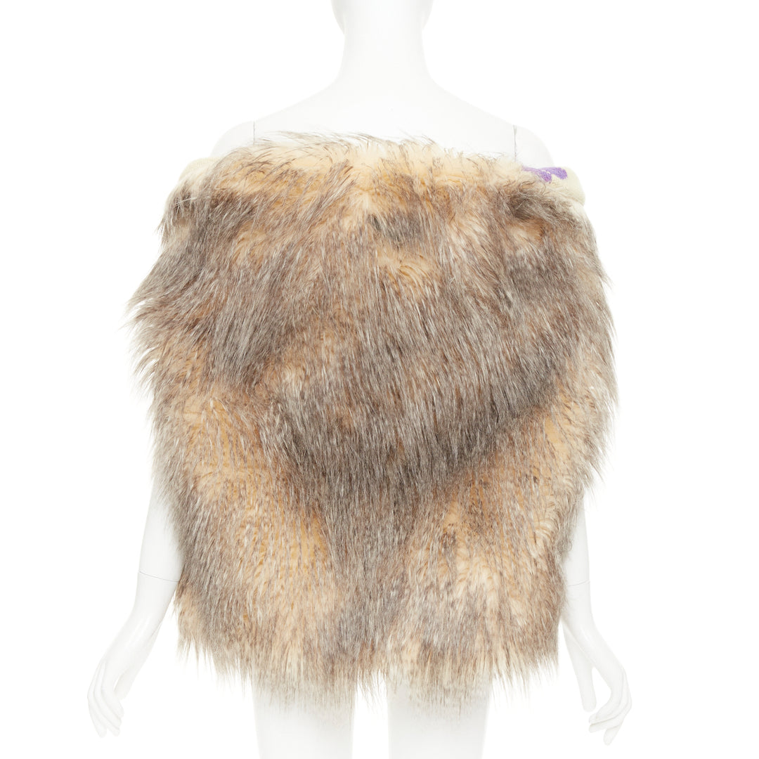 PRADA Raf Simons 2021 Runway brown fur purple floral jacquard clutch shawl IT38